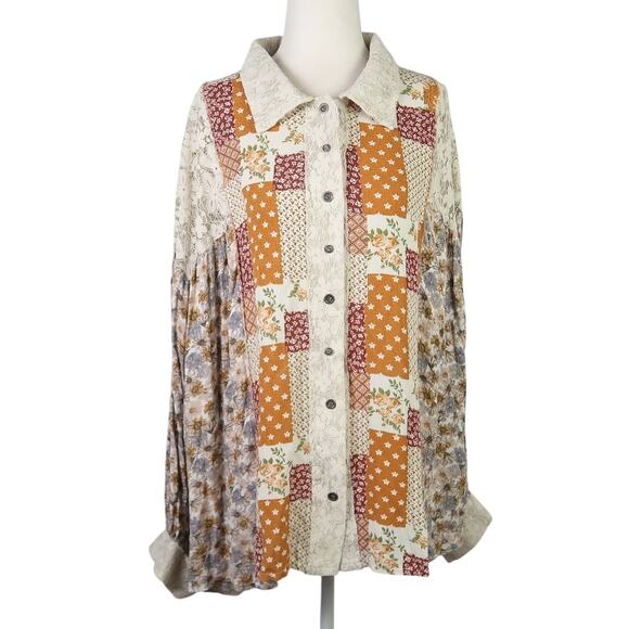 POL Toffee Floral and Lace Patchwork Button Down Shirt M - Picture 1 of 10